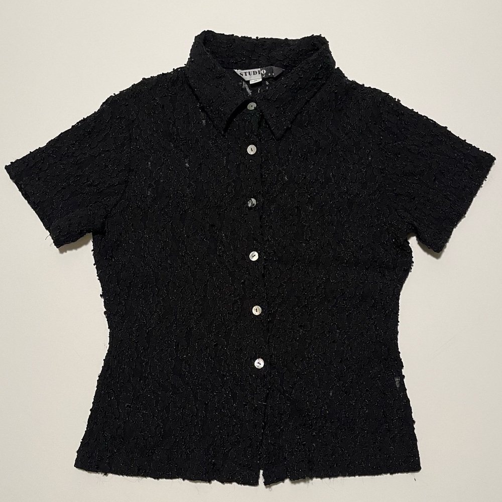 Studio JPR Vintage 90s Lace Sheer Collar Short Sleeves Button Down Top Black